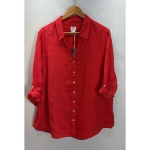 New Sigrid Olsen Womens Shirt Long Sleeve Button Up Orange Linen‎ Size 2X Beachy